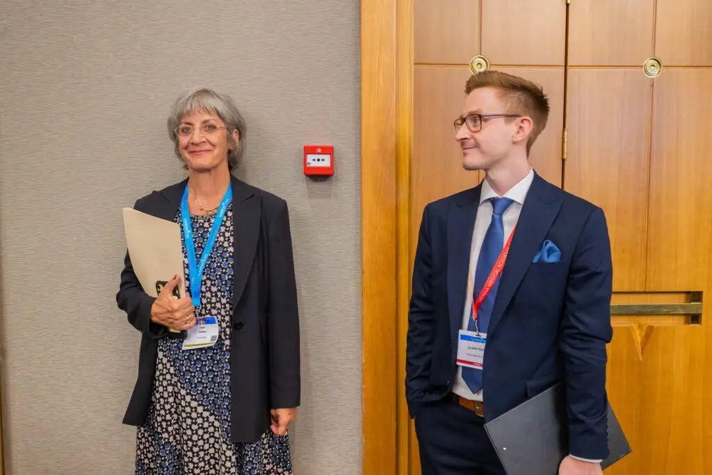 Joan Oefner, Managing Director, and Julian Piskula, Project Manager at WMA, checking up on the Opening Session of Cytokines 2023 in Athens